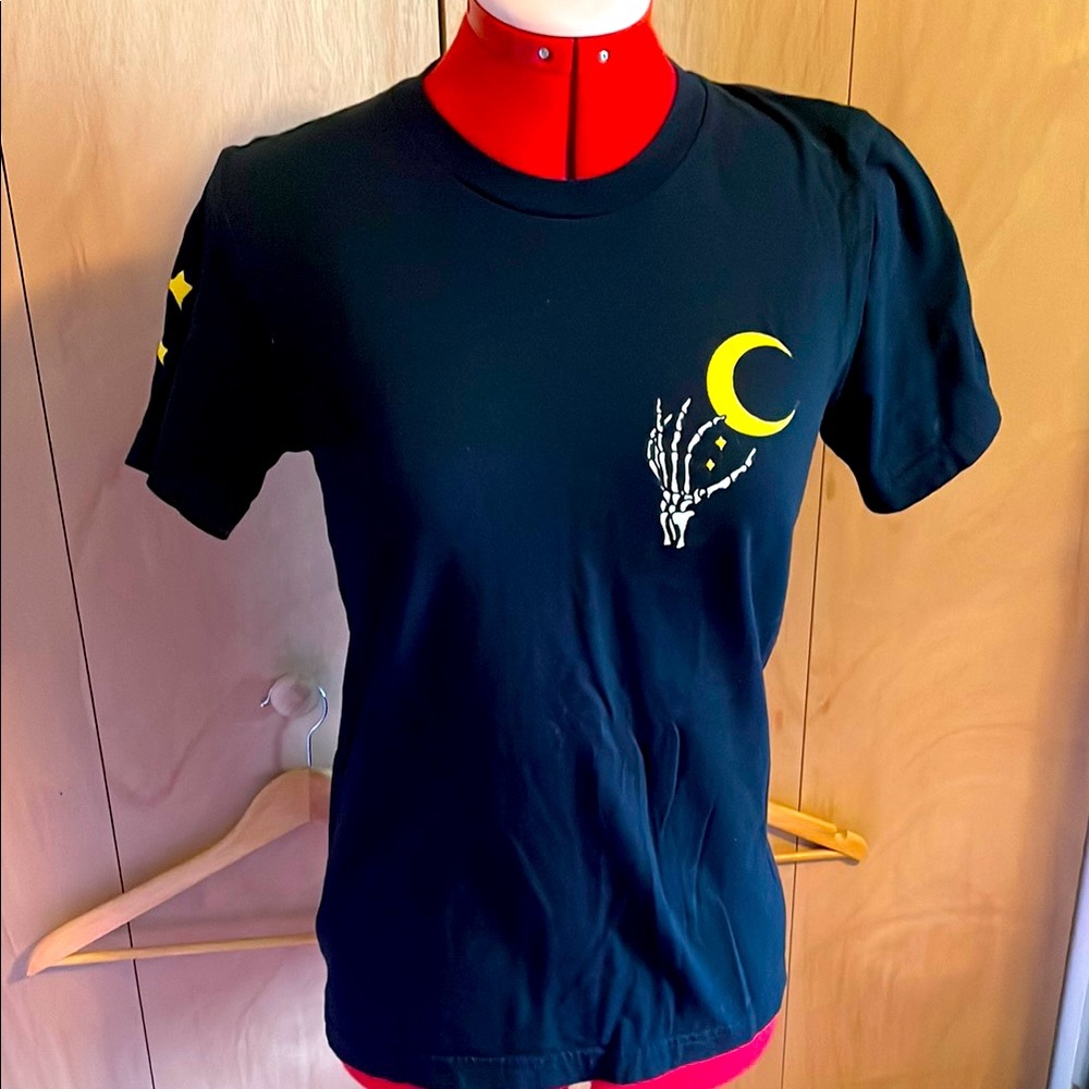 Black T-Shirt with Skeleton Hand and Moon Design